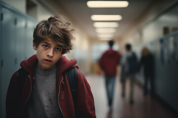 A confused and frightened boy with disheveled hair and blood drops on his sweater stands against a blurred background of a school hallway with the figures of high school students in the distance.