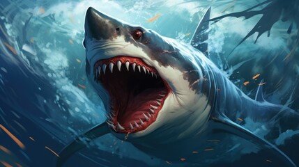 Obraz premium big angry and vicious shark sharp teeth background wallpaper ai generated image