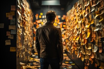 Inspiration Wall: Standing before an inspiration wall covered in post-it notes, the business man draws motivation from the tangible representation of his aspirations and creative endeavors