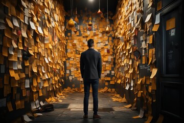 Task Master: With a focused expression, the business man oversees his domain—a wall of post-it notes serving as a visual representation of tasks and milestones to conquer