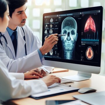 modern medicine in the future  Doctors use smart 3D scanners to diagnose patients' diseases.  Viewing medical reports and this information is stored in the database.