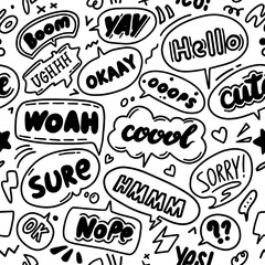 Seamless Trendy speech bubbles in flat hand drawn design with short messages. Cute Comic Style. Dialog windows with phrases Yes. Icons and bubble such as line, hearts, and sparkles.Seamless background