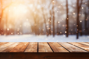 Sunlight filters through a hazy snowy forest background with warm glow on wooden surface. Mock up template copy space banner concept