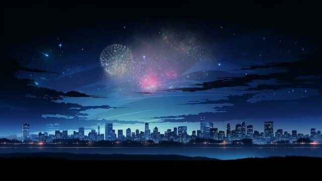 Silhouette of the city with fireworks decorating the night sky. seamless looping video background animation, cartoon style. Generated with AI