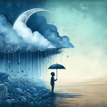 bright blue and cloudless' or 'dismal and depressing. Depression rain. Generative AI 