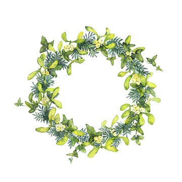 Aquarell Mistelkranz mit Efeu und Tannenzweigen