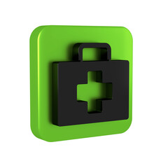 Fototapeta premium Black First aid kit icon isolated on transparent background. Medical box with cross. Medical equipment for emergency. Healthcare concept. Green square button.