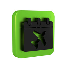 Black Travel planning calendar and airplane icon isolated on transparent background. A planned holiday trip. Green square button.