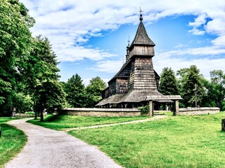 Fototapeta na wymiar An 18th century wooden church on the territory of the Museum of Folk Architecture in Sanok, Poland.