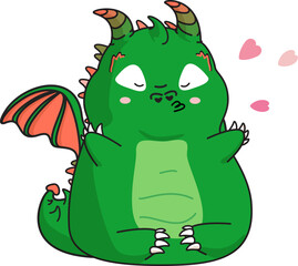 Enamored dragon. Cute cartoon green dragon with hearts.