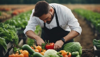 chef harvesting fresh vegetables on a farm