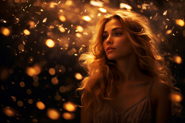 Portrait of beautiful young woman with flowing hair softly lit against festive background of glowing bokeh lights in warm intimate atmosphere. Happy holidays concept