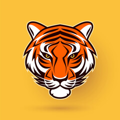 An orange tiger head on yellow background, in the style of strong graphic elements