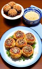 Japanese takoyaki placed on a plate with bonito flakes sprinkled on top.