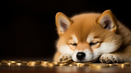 Shiba inu lay on pile of gold coin, funny rich dog