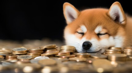 Shiba inu lay on pile of gold coin, funny rich dog
