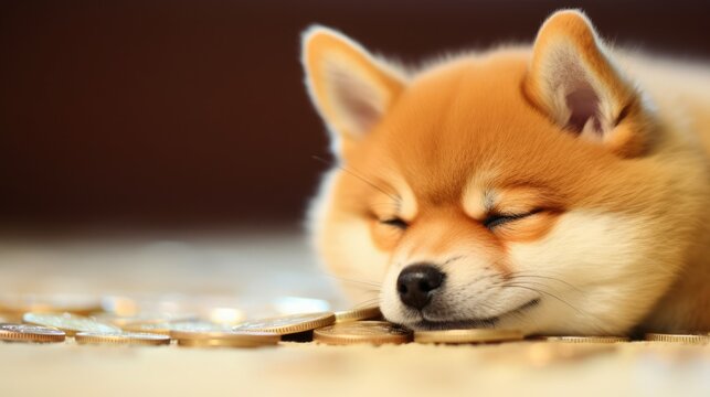 Shiba inu lay on pile of gold coin, funny rich dog