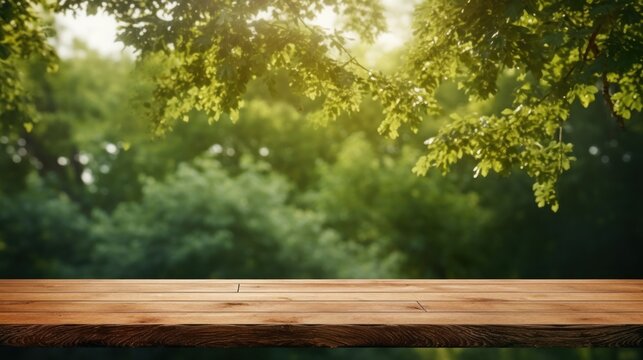 wooden table with beautiful nature background wallpaper ai generated image
