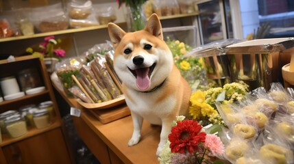 Shiba stand at cashier of shop, funny dog cashier