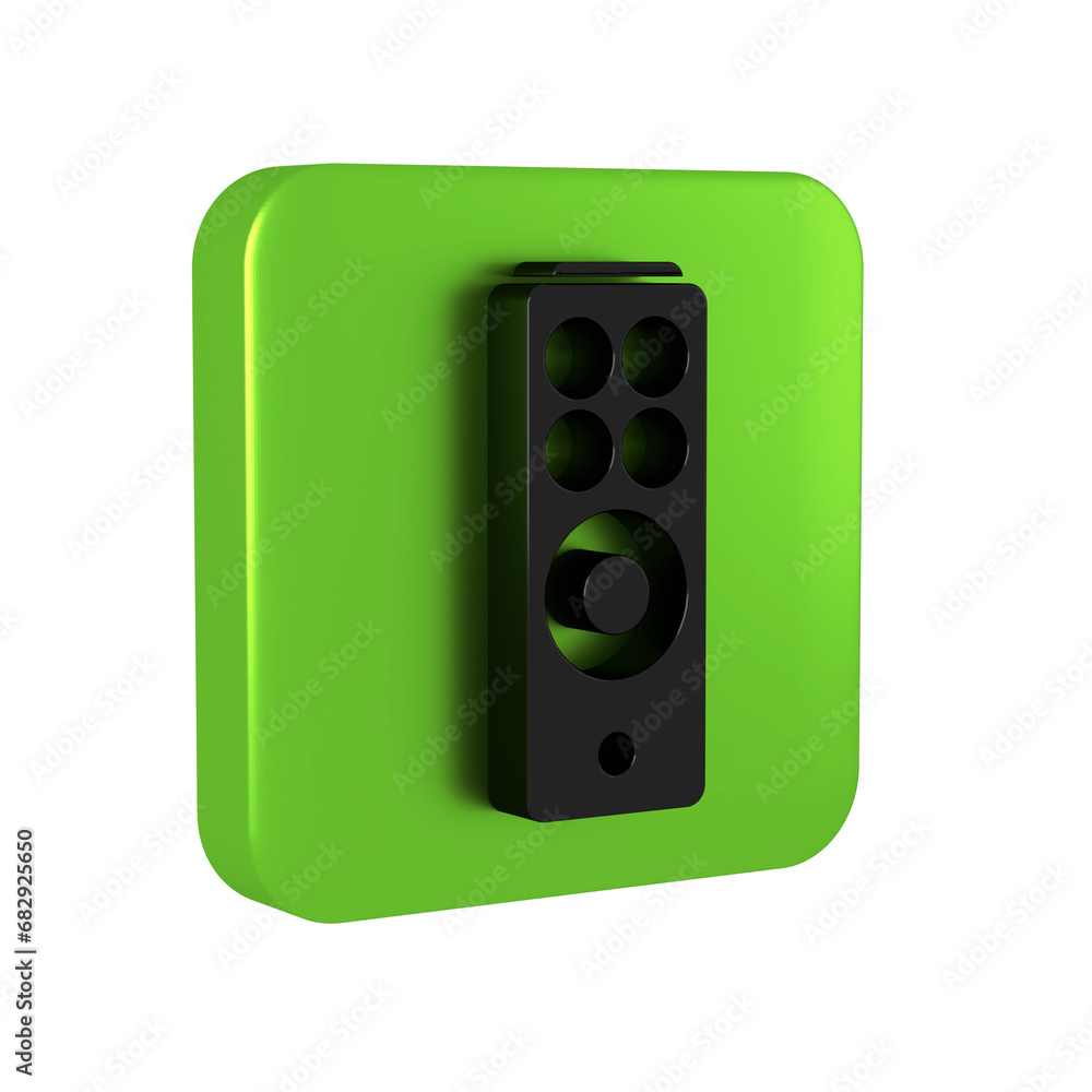 Poster black remote control icon isolated on transparent background. green square button.