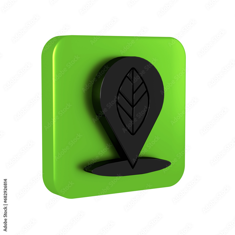 Poster black location pin with leaf inside icon isolated on transparent background. green square button.