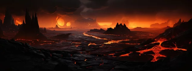 Crédence de cuisine en verre imprimé Brun Erupting volcanoes hot lava black landscape