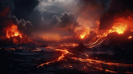 Erupting volcanoes hot lava black landscape