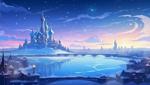 Beautiful scenery of magnificent castle in winter with snowfall. seamless looping video background animation, cartoon style. Generated with AI