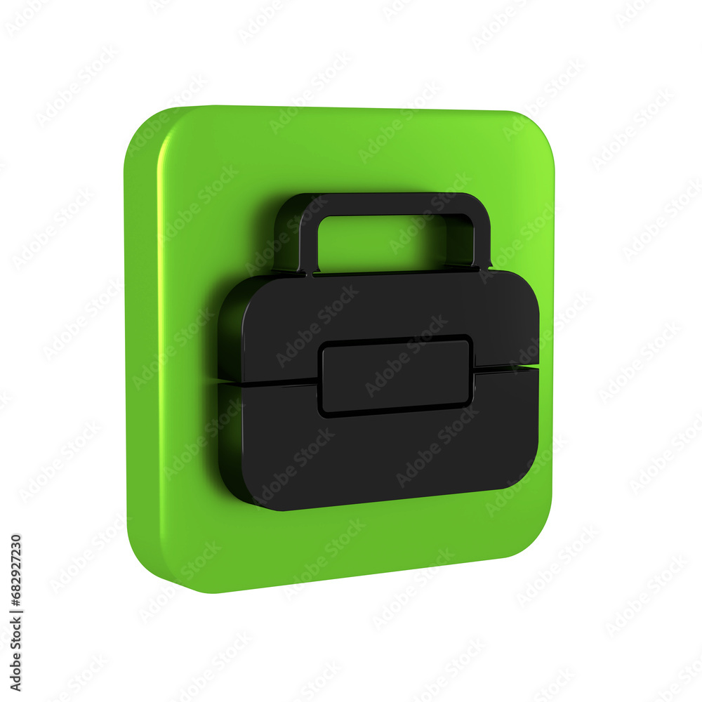 Poster black toolbox icon isolated on transparent background. tool box sign. green square button.