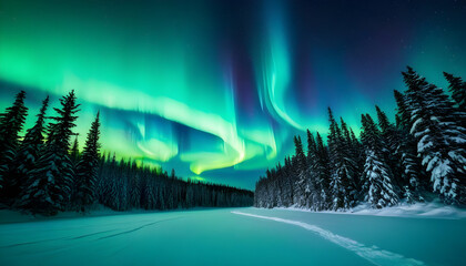 Winter mountains at the middle of the night with aurora borealis 