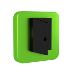 Black Closed door icon isolated on transparent background. Green square button.