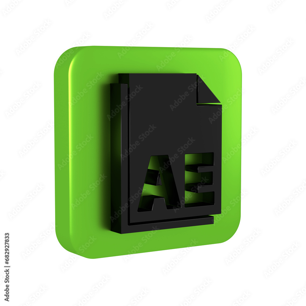 Poster black ae file document icon isolated on transparent background. green square button.