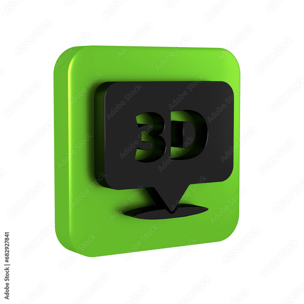 Poster black speech bubble with text 3d icon isolated on transparent background. green square button.
