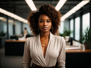 Portrait of a beauty black woman entrepreneur in a very clear office. Generated by AI