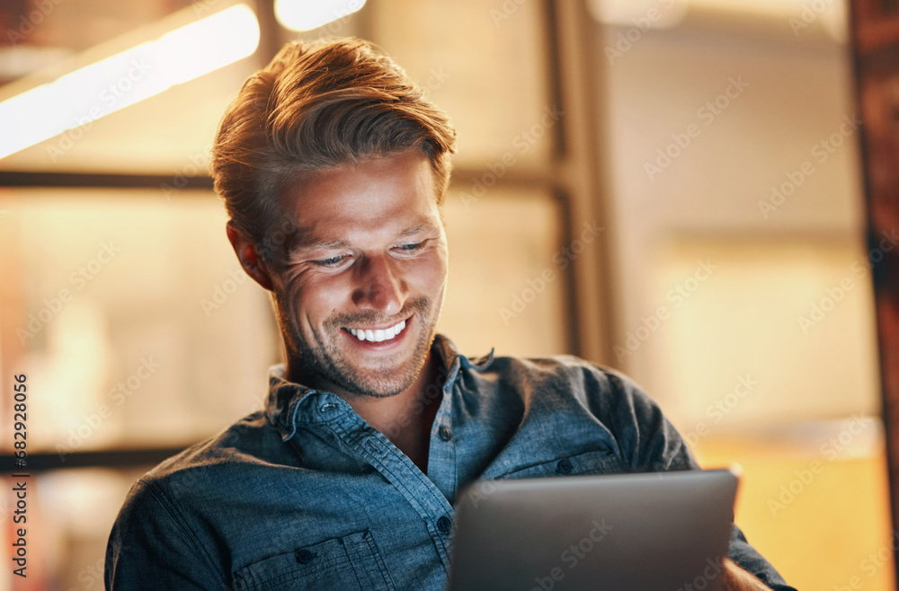 Poster night, business and man with a tablet, typing and smile with connection, project and communication. 