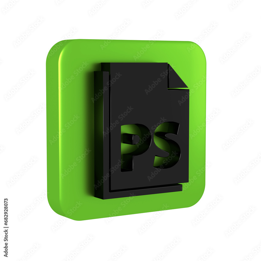 Poster black ps file document icon isolated on transparent background. green square button.