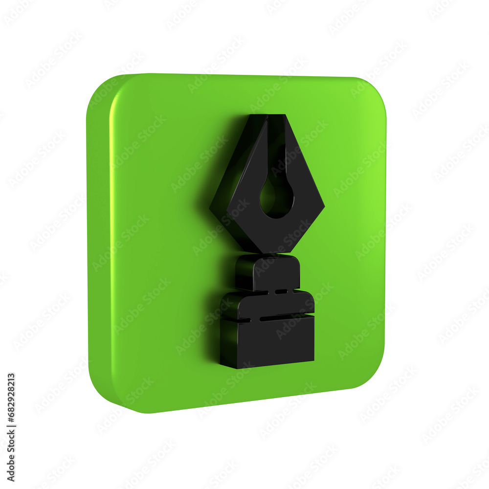 Poster black fountain pen nib icon isolated on transparent background. pen tool sign. green square button.