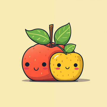 Kawaii red and yellow apples. Generative AI