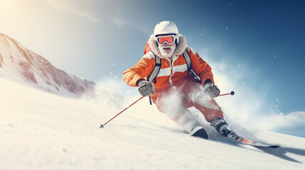 Grandfather in good physical shape in an orange ski suit quickly skis down the slope. Winter sports. - obrazy, fototapety, plakaty