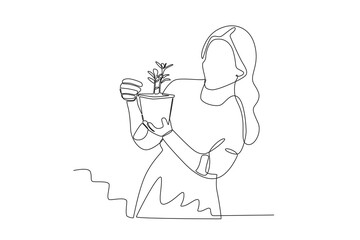 A woman holding a flower in a pot. Garden one-line drawing