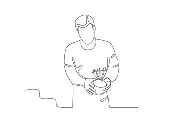 A man picking vegetables. Garden one-line drawing