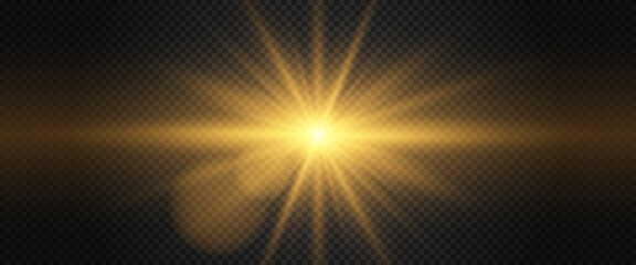 A shimmering golden star in on a black background. Sparkling and shining stars, bright flashes of lights with radiation. Vector EPS 10. - obrazy, fototapety, plakaty