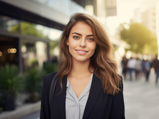 Naklejka premium Young confident and happy business woman standing on the street, looking into the camera