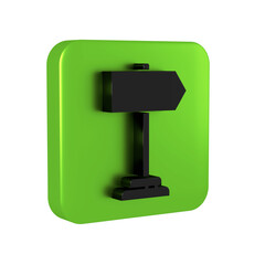 Black Road traffic sign. Signpost icon isolated on transparent background. Pointer symbol. Isolated street information sign. Direction sign. Green square button.
