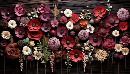 Vibrant and Diverse Collection of Flowers on Black Wooden Background