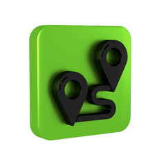 Black Route location icon isolated on transparent background. Map pointer sign. Concept of path or road. GPS navigator. Green square button.