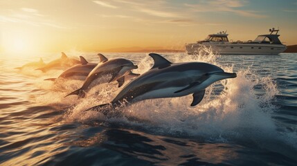 A pod of dolphins leaping in the wake of a passing boat. - obrazy, fototapety, plakaty