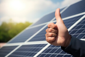 Success thumb of photovoltaic plant, clean energy - obrazy, fototapety, plakaty