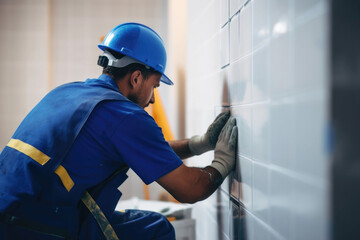 Male worker professional laying ceramic tiles on the wall 