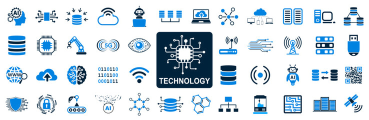 Technology icons set, industry 4.0 concept factory of the future, technology progress: ai, robot, data, database, 5g, near field communication, programming and many more - vector - obrazy, fototapety, plakaty